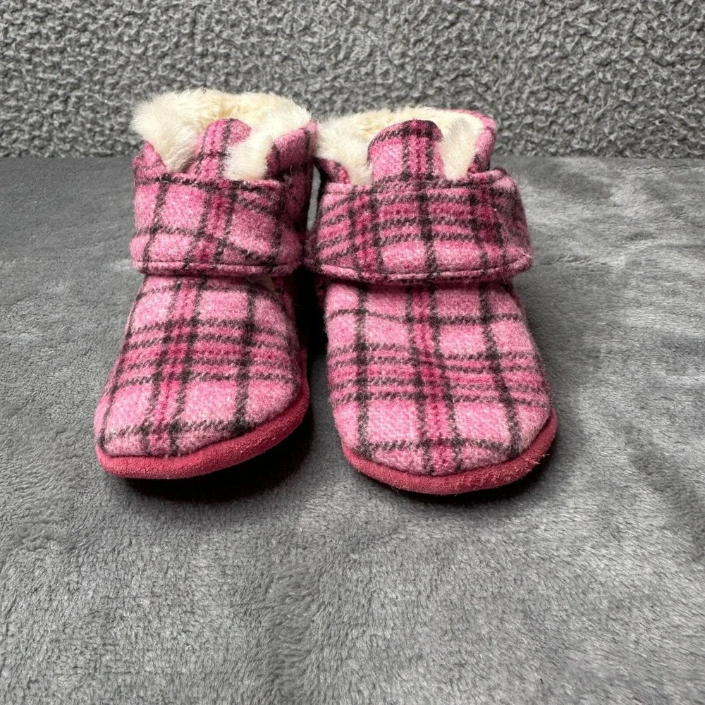 Minnetonka Slipper Boots Toddler Girls Sz 3 Pink Plaid Faux Fur Wool Lined Cozy